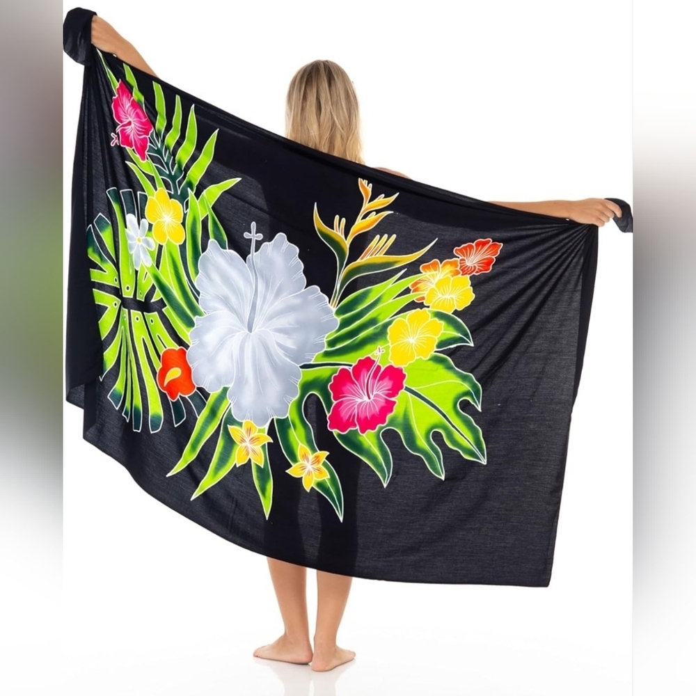 SHU-SHI Hand-Painted Hibiscus Sarong Beach Cover-Up Pareo Wrap BNWT - Picture 7 of 7
